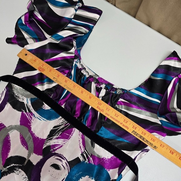 Sele Babydoll Top Womens Medium Colorful Satin Short Sleeve Tie Y2K - Picture 12 of 15